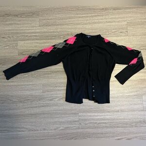 Black Cardigan with Pink and Gray Argyle Sleeves